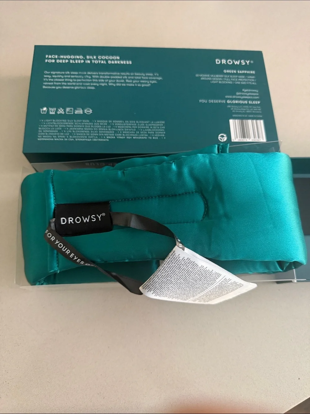 New in Box Drowsy Silk Sleep Mask in Sapphire Green